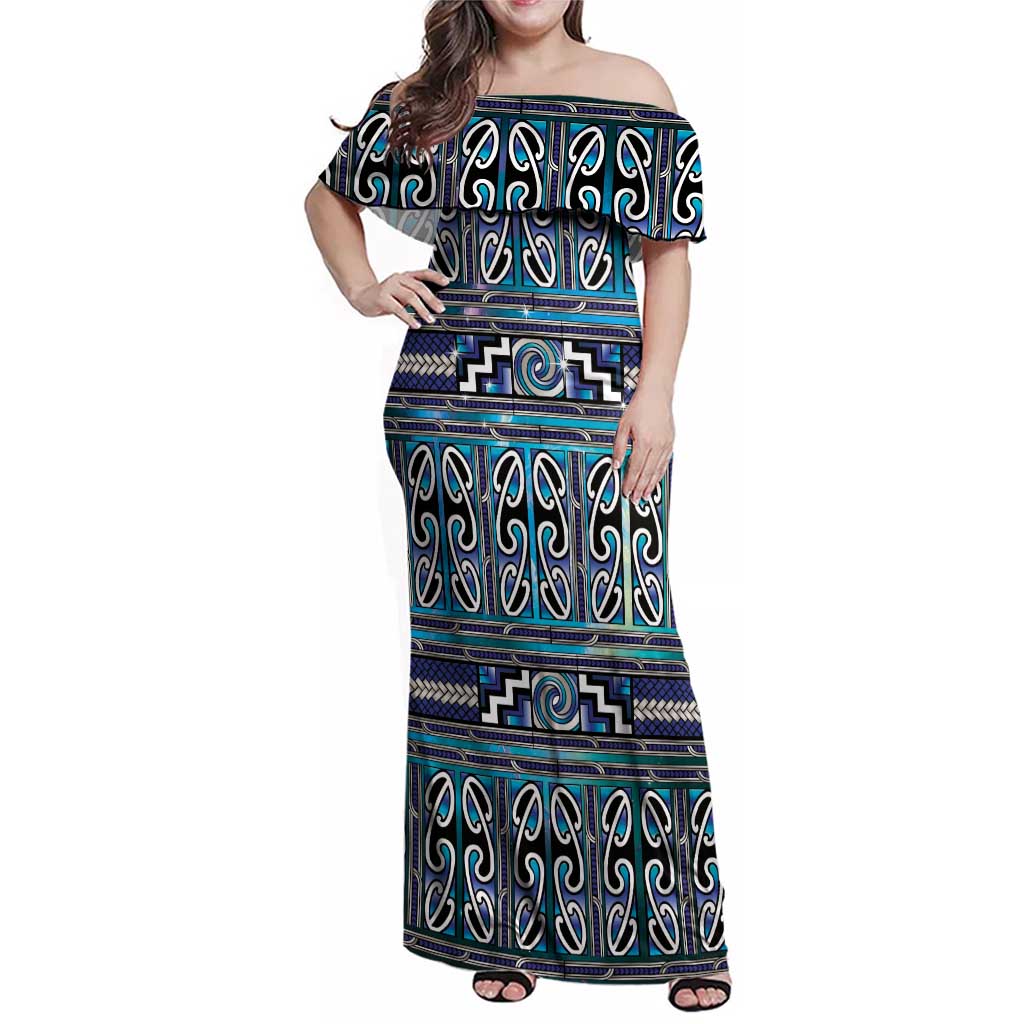 Maori Matariki Family Matching Off Shoulder Maxi Dress and Hawaiian Shirt Blue Galaxy Aesthetic Koru Art