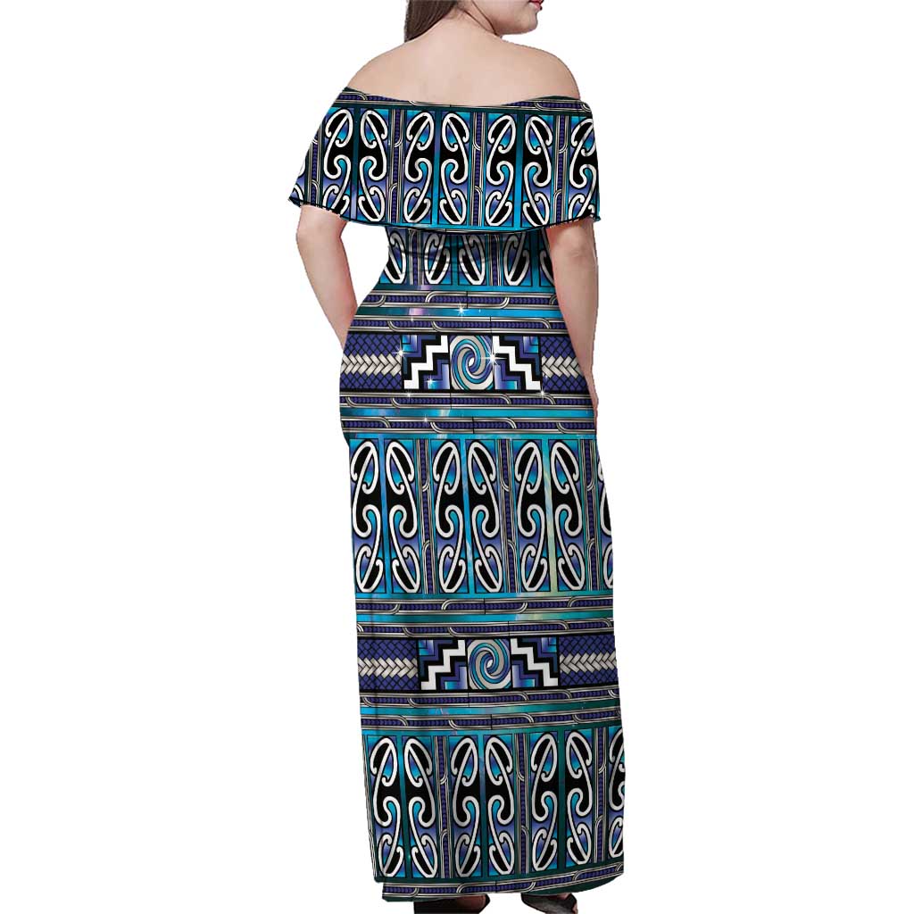 Maori Matariki Family Matching Off Shoulder Maxi Dress and Hawaiian Shirt Blue Galaxy Aesthetic Koru Art
