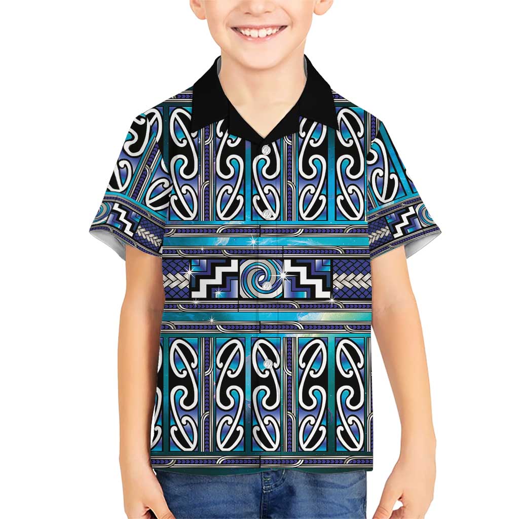 Maori Matariki Family Matching Off Shoulder Maxi Dress and Hawaiian Shirt Blue Galaxy Aesthetic Koru Art