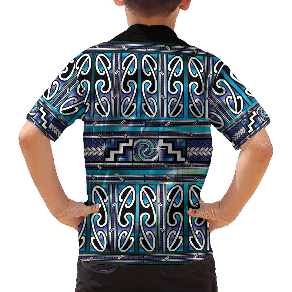 Maori Matariki Family Matching Off Shoulder Short Dress and Hawaiian Shirt Blue Galaxy Aesthetic Koru Art