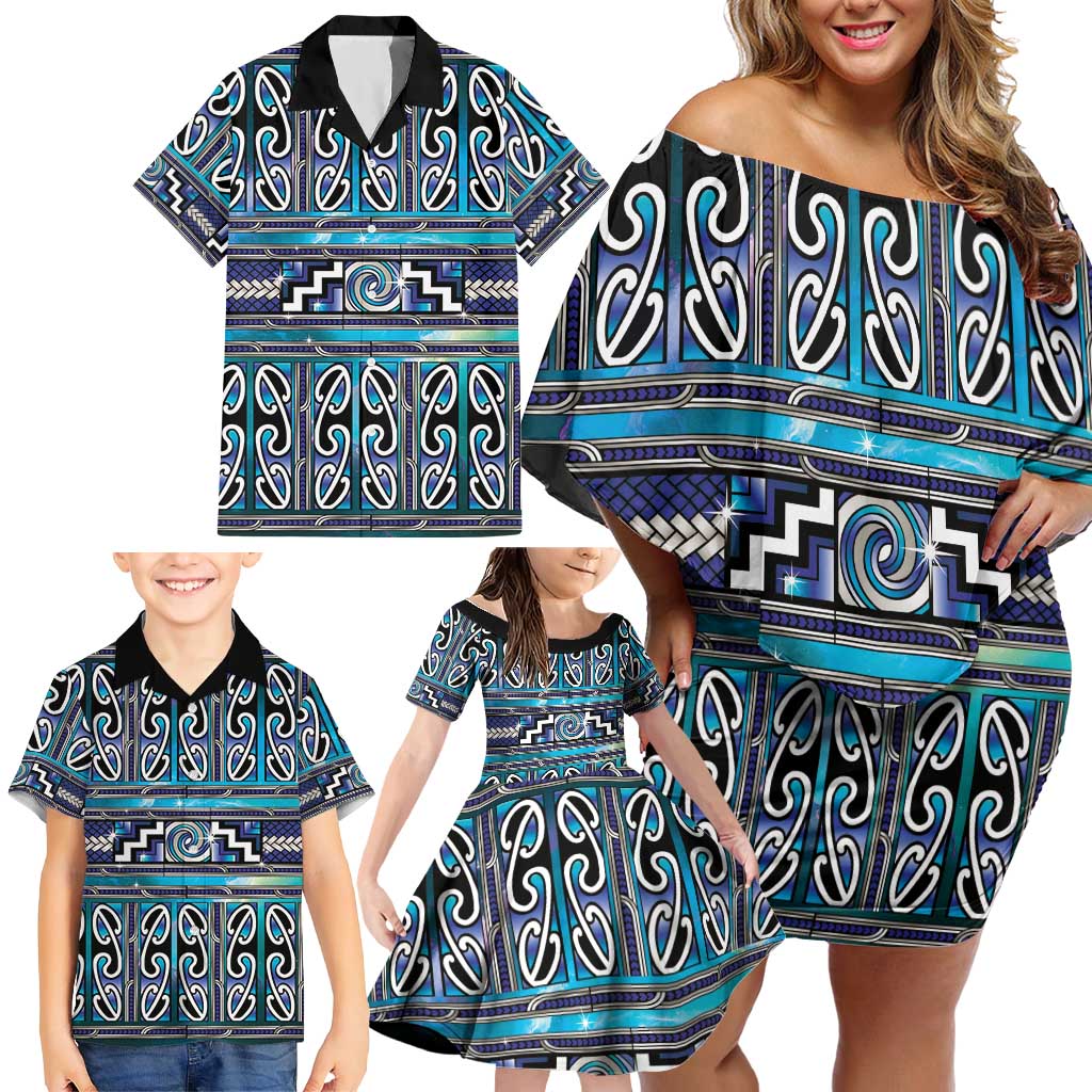 Maori Matariki Family Matching Off Shoulder Short Dress and Hawaiian Shirt Blue Galaxy Aesthetic Koru Art