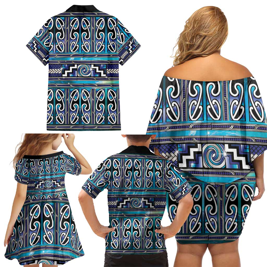 Maori Matariki Family Matching Off Shoulder Short Dress and Hawaiian Shirt Blue Galaxy Aesthetic Koru Art