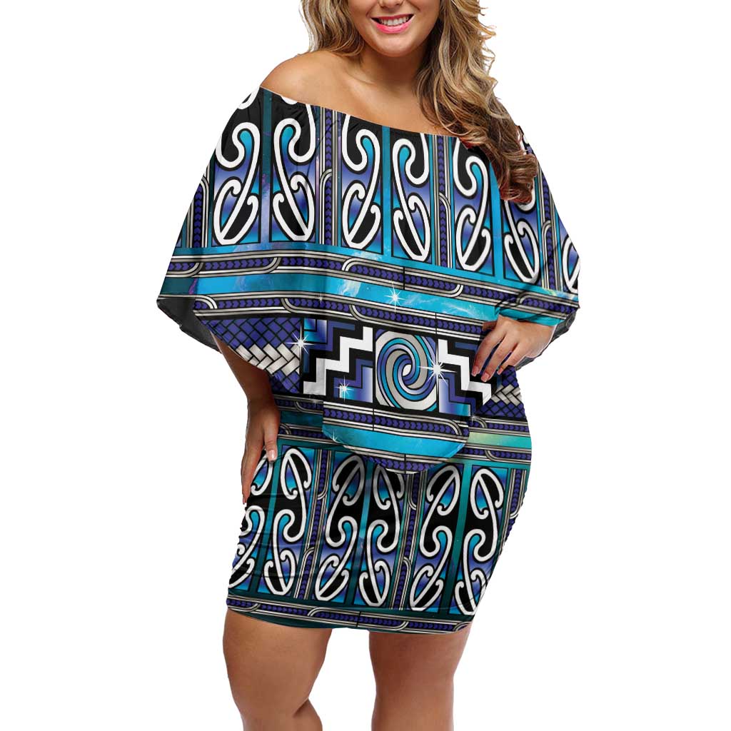 Maori Matariki Family Matching Off Shoulder Short Dress and Hawaiian Shirt Blue Galaxy Aesthetic Koru Art