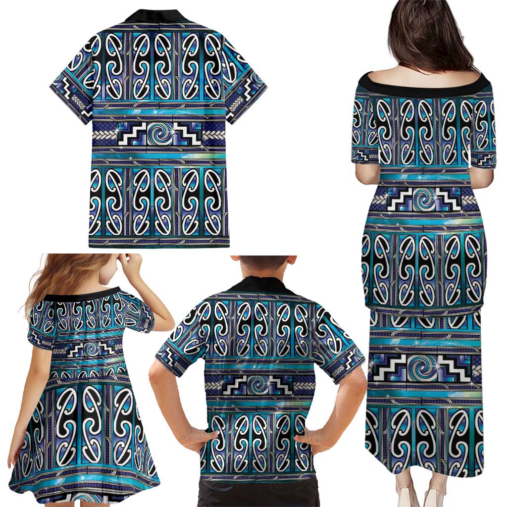 Maori Matariki Family Matching Puletasi and Hawaiian Shirt Blue Galaxy Aesthetic Koru Art