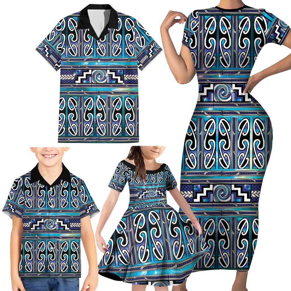 Maori Matariki Family Matching Short Sleeve Bodycon Dress and Hawaiian Shirt Blue Galaxy Aesthetic Koru Art