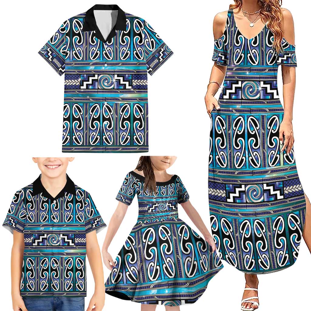 Maori Matariki Family Matching Summer Maxi Dress and Hawaiian Shirt Blue Galaxy Aesthetic Koru Art