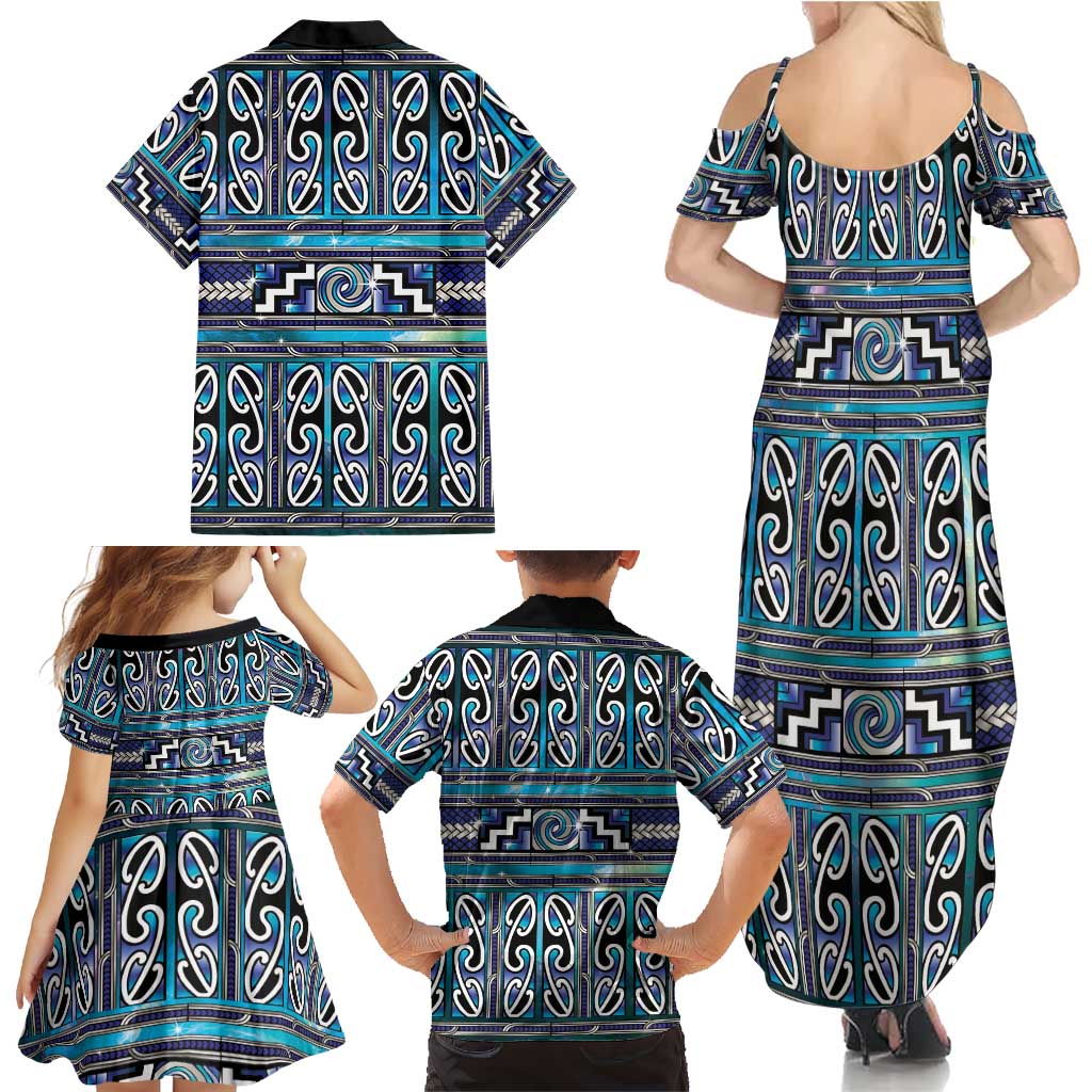 Maori Matariki Family Matching Summer Maxi Dress and Hawaiian Shirt Blue Galaxy Aesthetic Koru Art