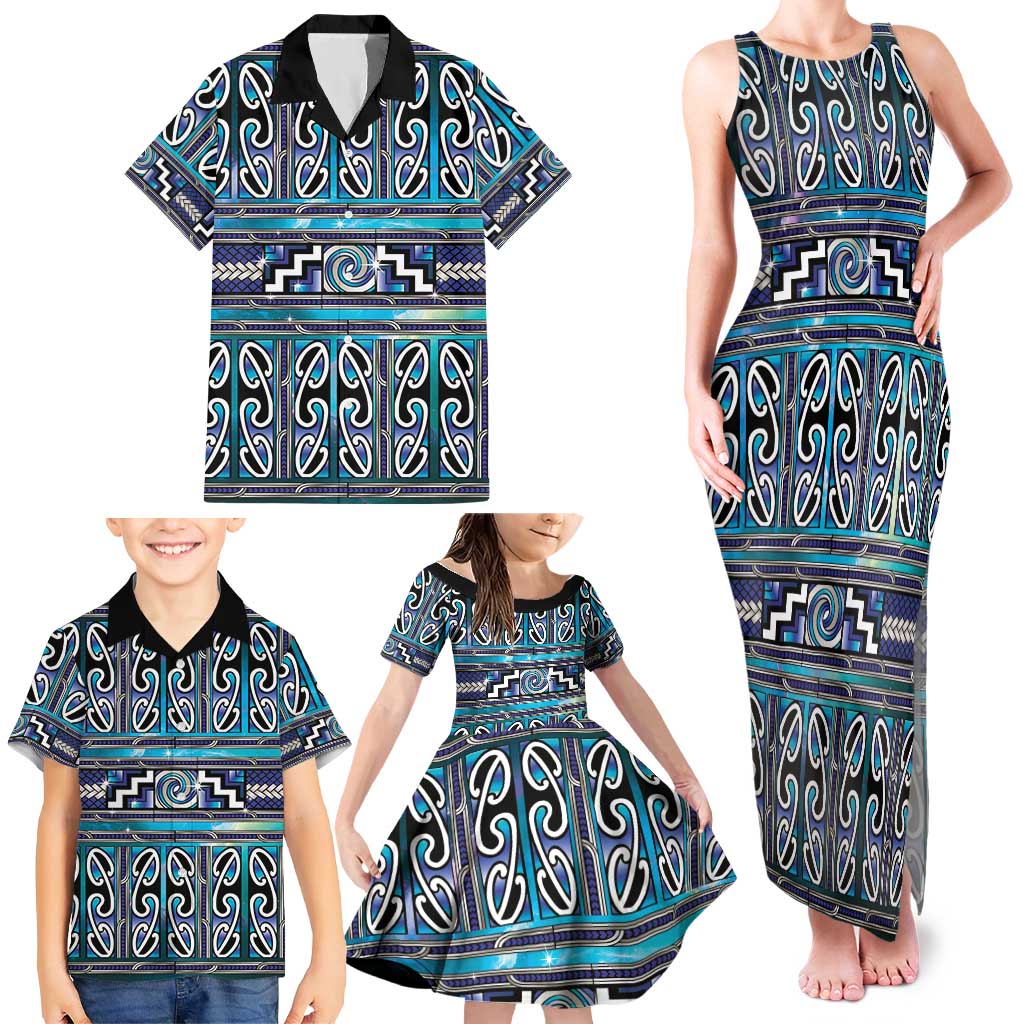 Maori Matariki Family Matching Tank Maxi Dress and Hawaiian Shirt Blue Galaxy Aesthetic Koru Art