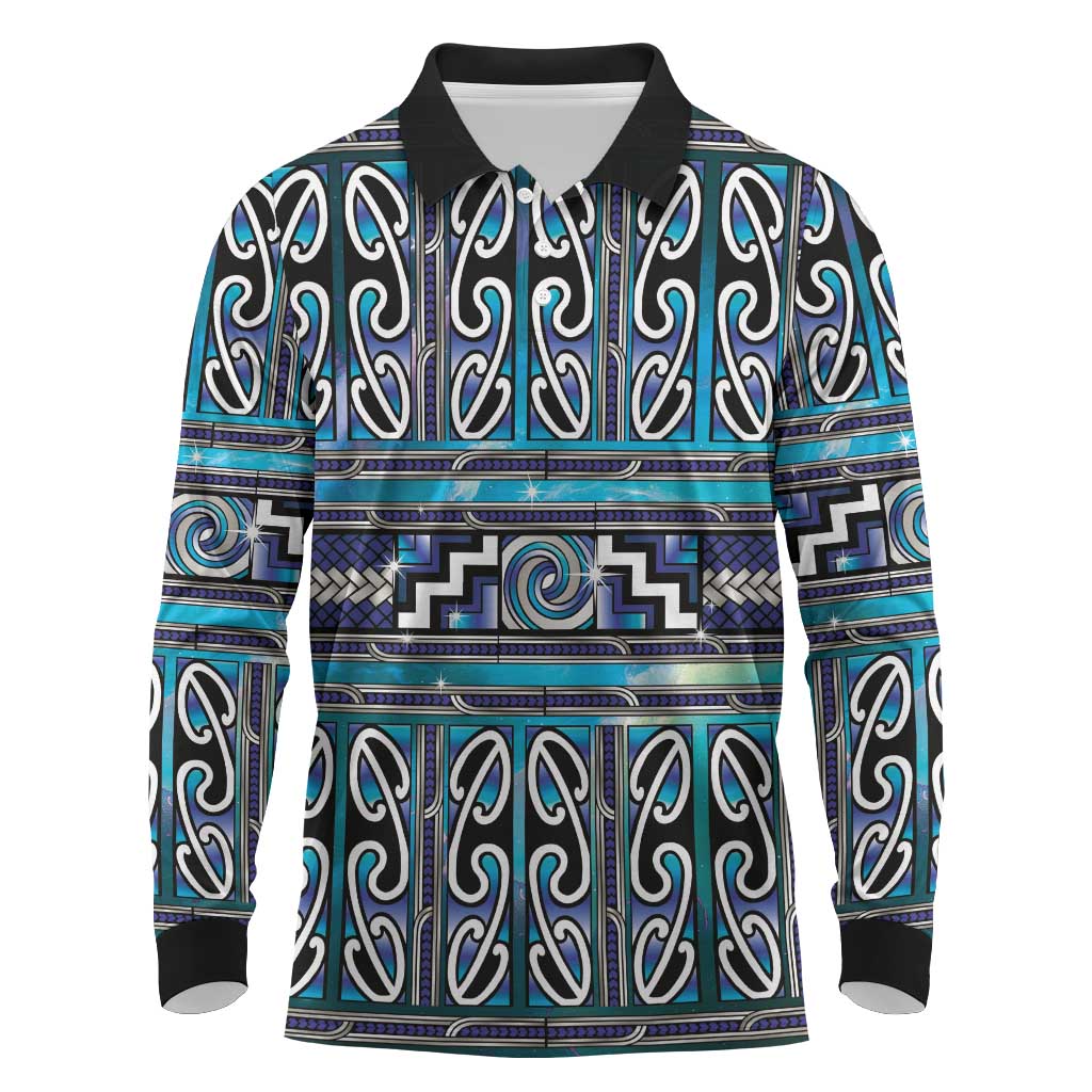 Maori Matariki Long Sleeve Polo Shirt Blue Galaxy Aesthetic Koru Art