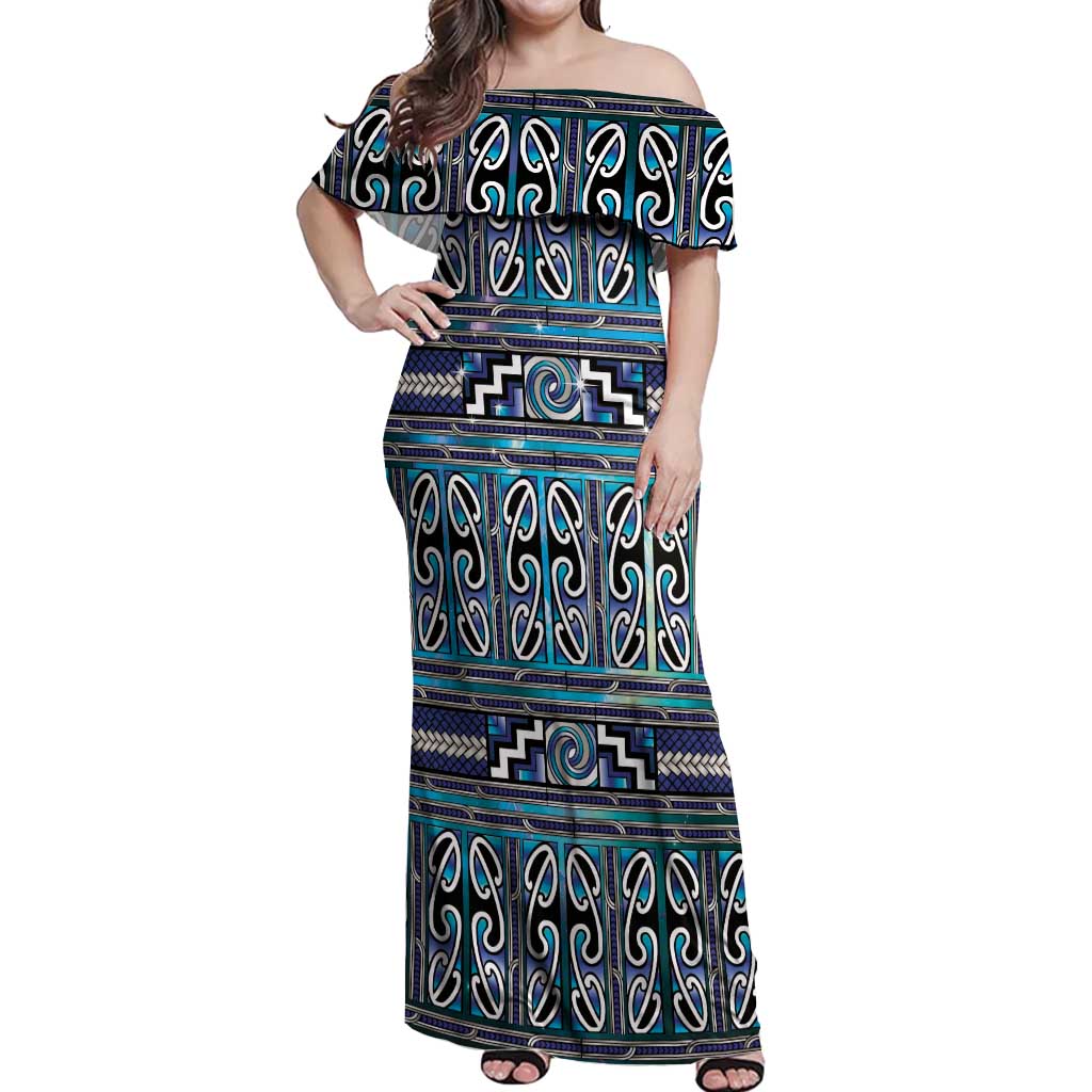 Maori Matariki Off Shoulder Maxi Dress Blue Galaxy Aesthetic Koru Art