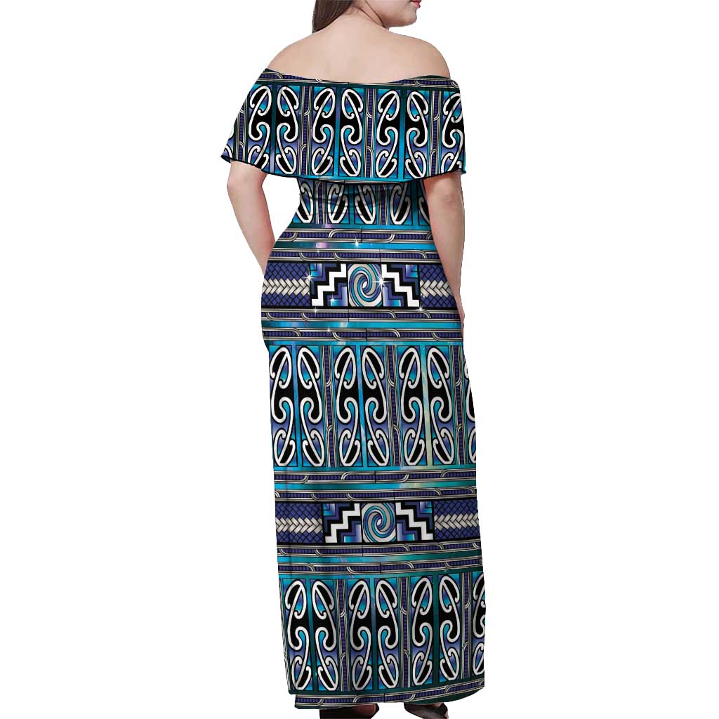 Maori Matariki Off Shoulder Maxi Dress Blue Galaxy Aesthetic Koru Art
