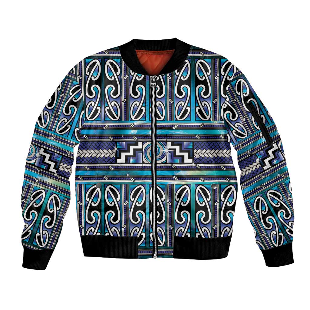 Maori Matariki Sleeve Zip Bomber Jacket Blue Galaxy Aesthetic Koru Art