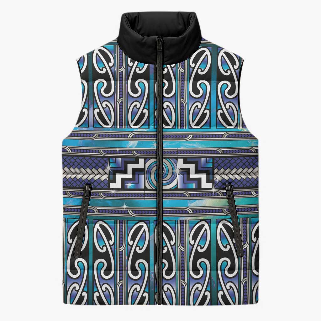 Maori Matariki Sleeveless Puffer Jacket Blue Galaxy Aesthetic Koru Art