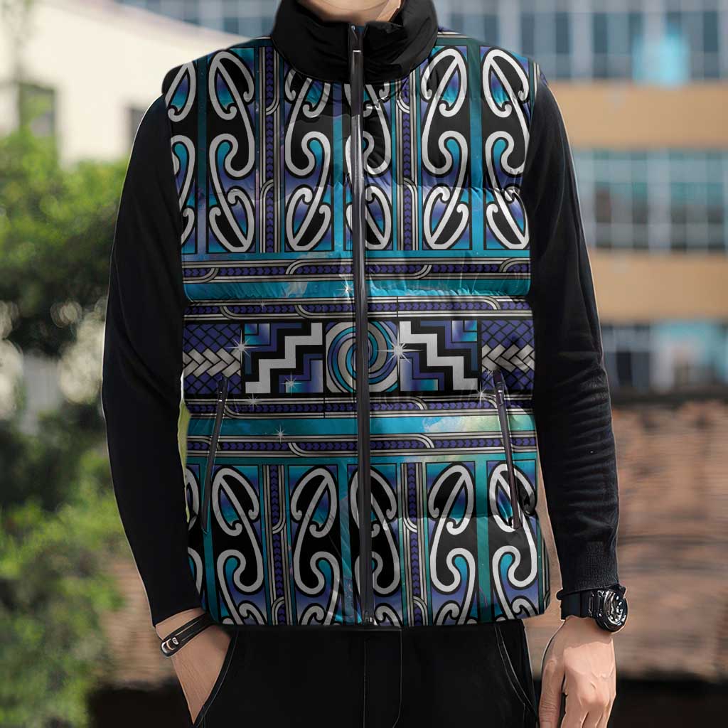 Maori Matariki Sleeveless Puffer Jacket Blue Galaxy Aesthetic Koru Art