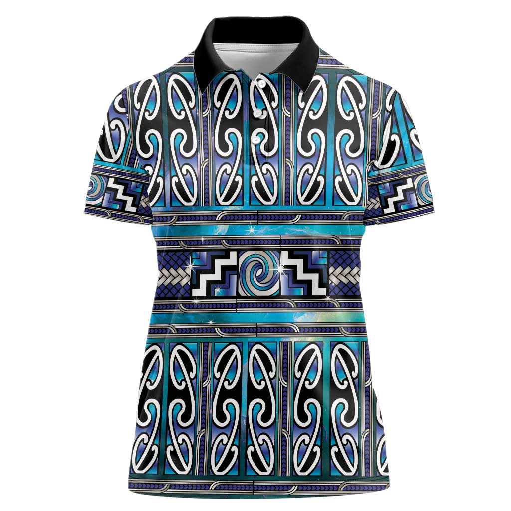 Maori Matariki Women Polo Shirt Blue Galaxy Aesthetic Koru Art