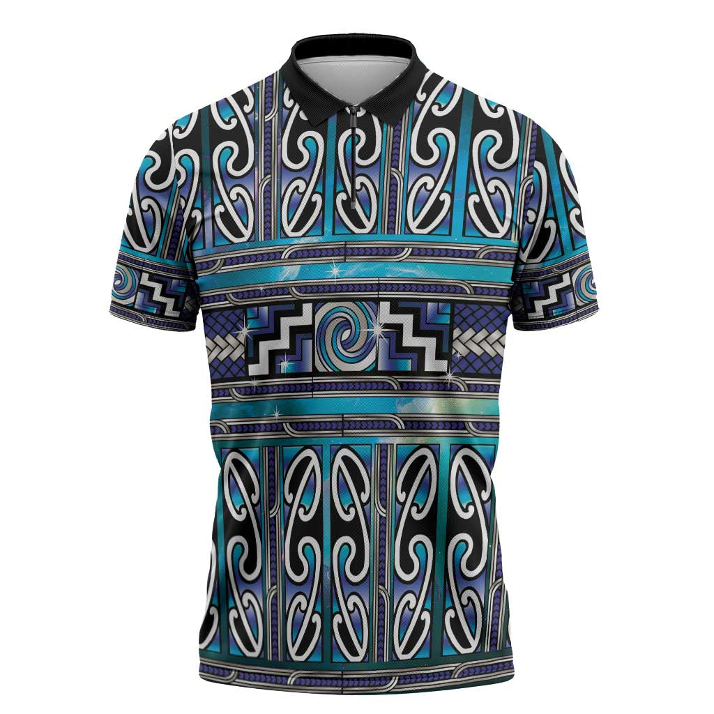 Maori Matariki Zipper Polo Shirt Blue Galaxy Aesthetic Koru Art