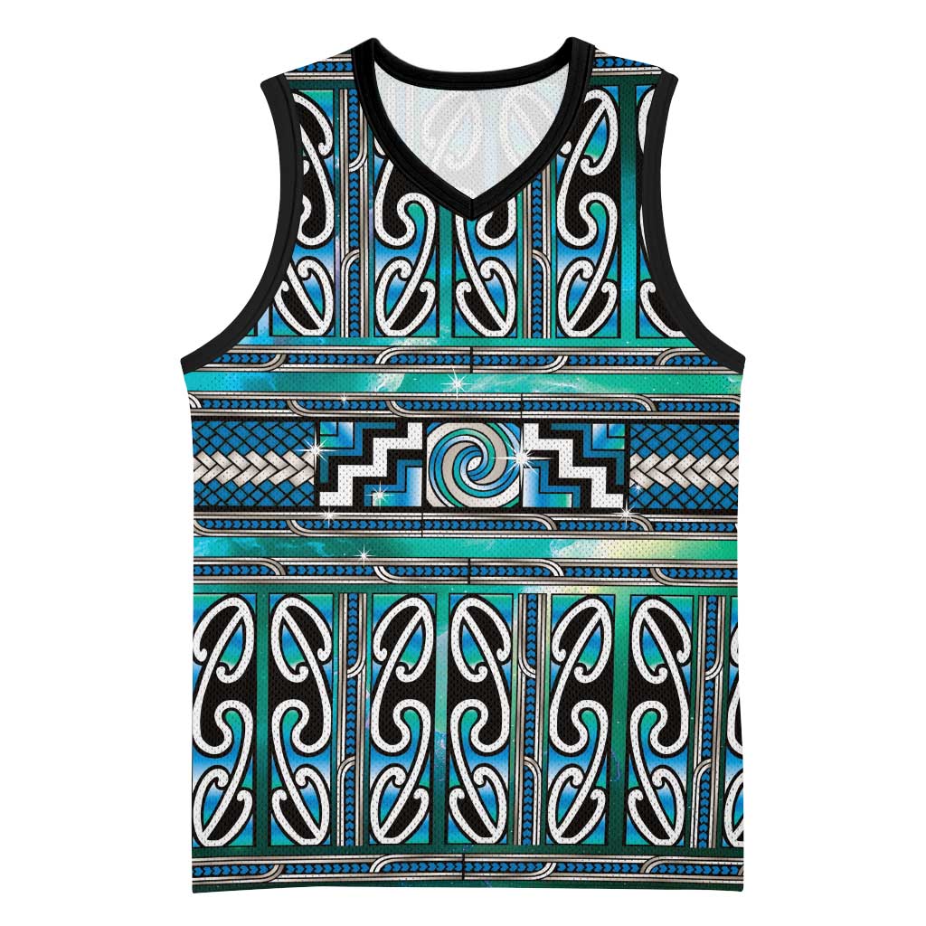 Maori Matariki Basketball Jersey Green Galaxy Aesthetic Koru Art
