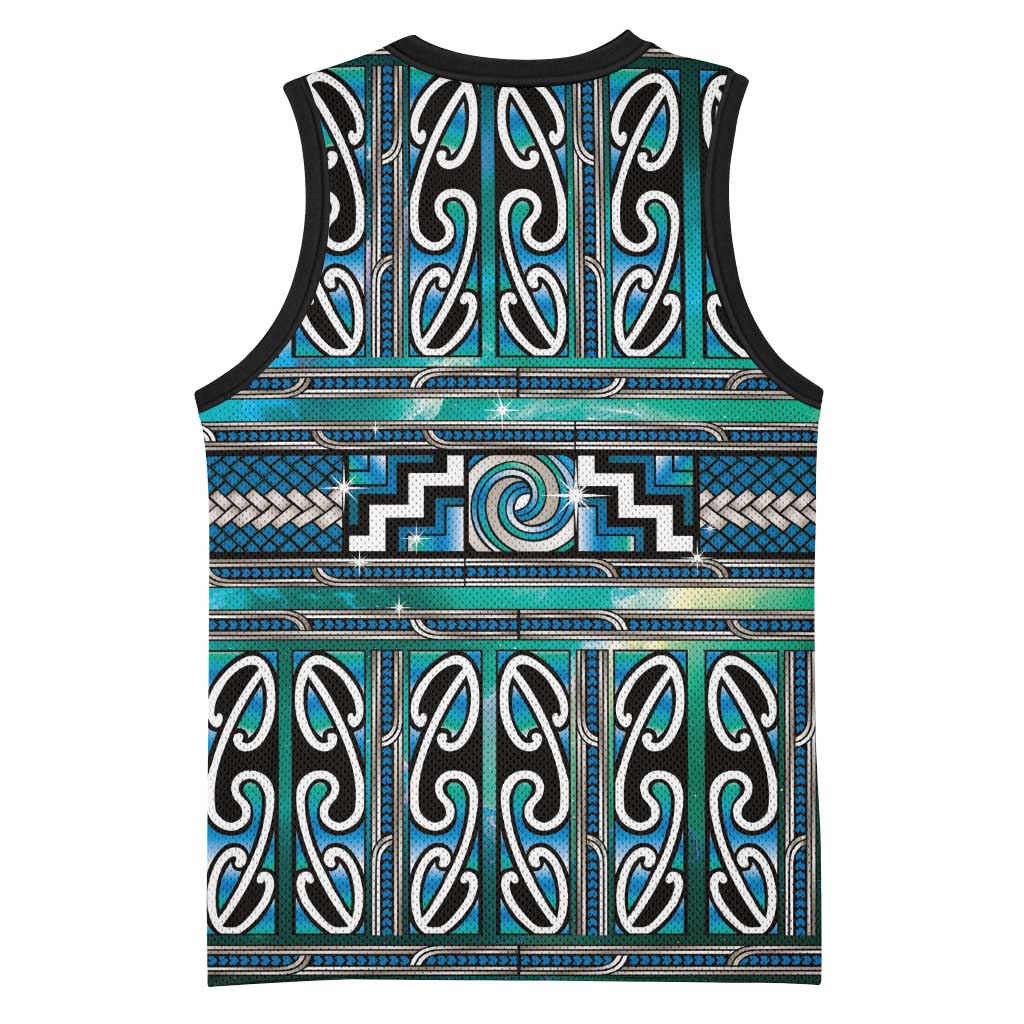 Maori Matariki Basketball Jersey Green Galaxy Aesthetic Koru Art