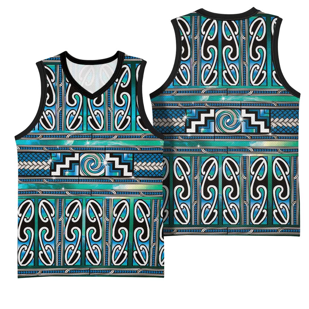 Maori Matariki Basketball Jersey Green Galaxy Aesthetic Koru Art