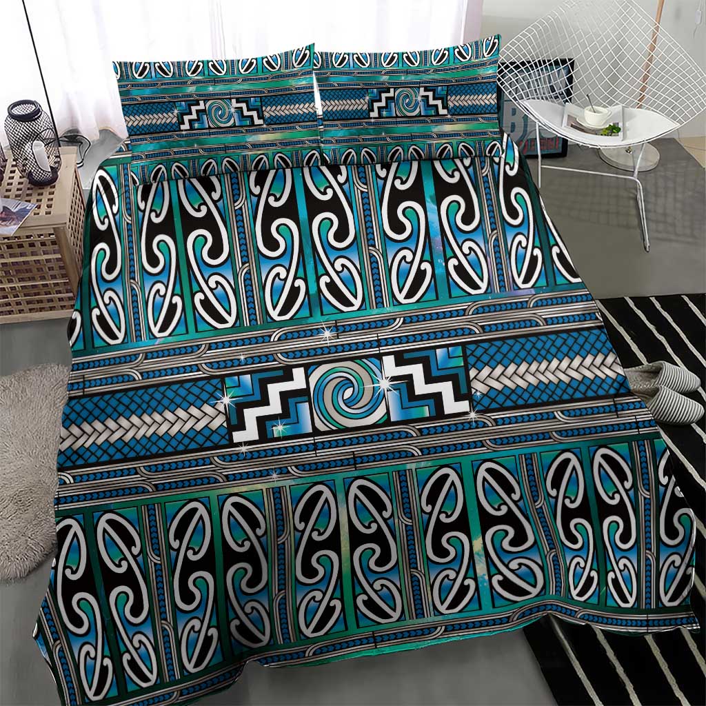 Maori Matariki Bedding Set Green Galaxy Aesthetic Koru Art
