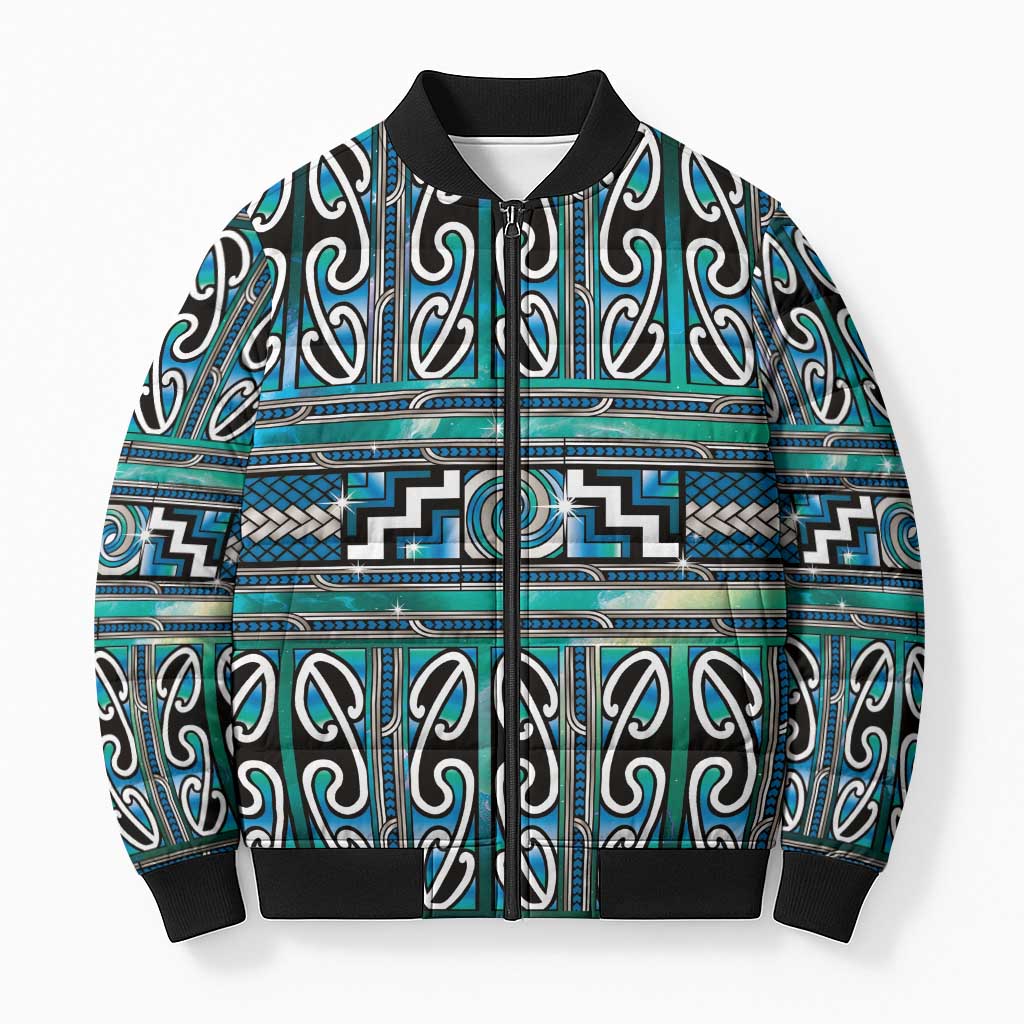 Maori Matariki Bomber Puffer Jacket Green Galaxy Aesthetic Koru Art