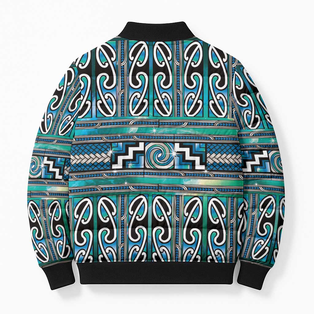 Maori Matariki Bomber Puffer Jacket Green Galaxy Aesthetic Koru Art