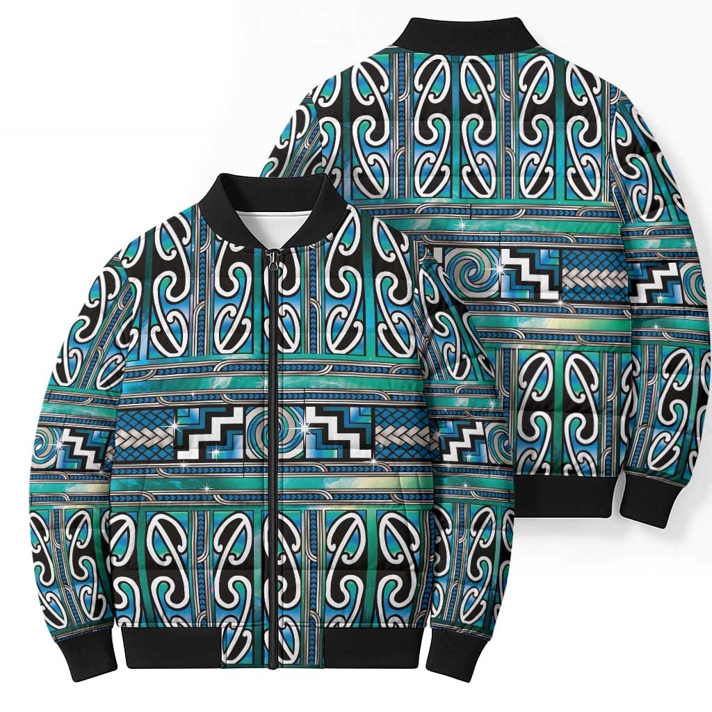 Maori Matariki Bomber Puffer Jacket Green Galaxy Aesthetic Koru Art