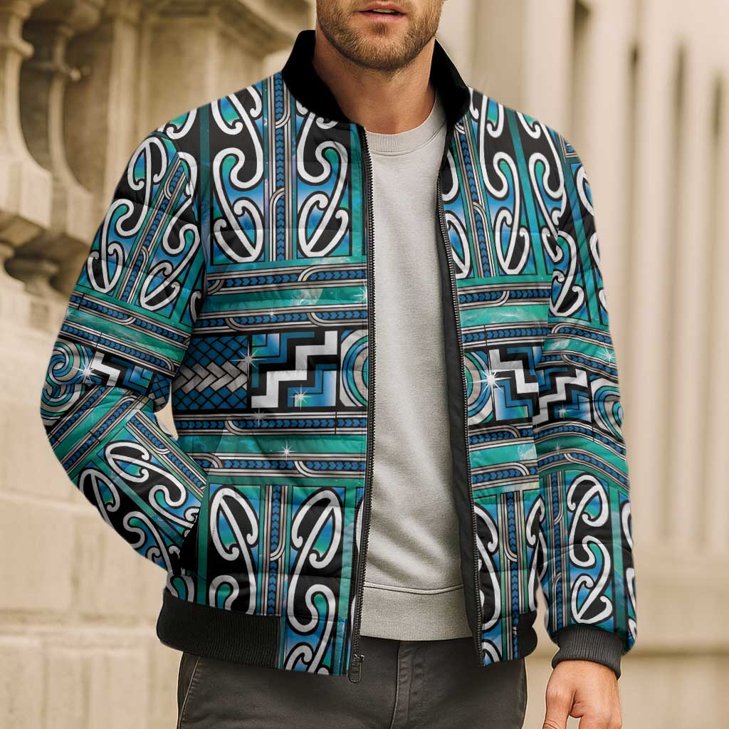 Maori Matariki Bomber Puffer Jacket Green Galaxy Aesthetic Koru Art