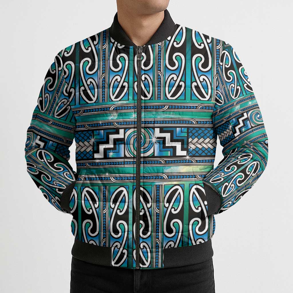 Maori Matariki Bomber Puffer Jacket Green Galaxy Aesthetic Koru Art