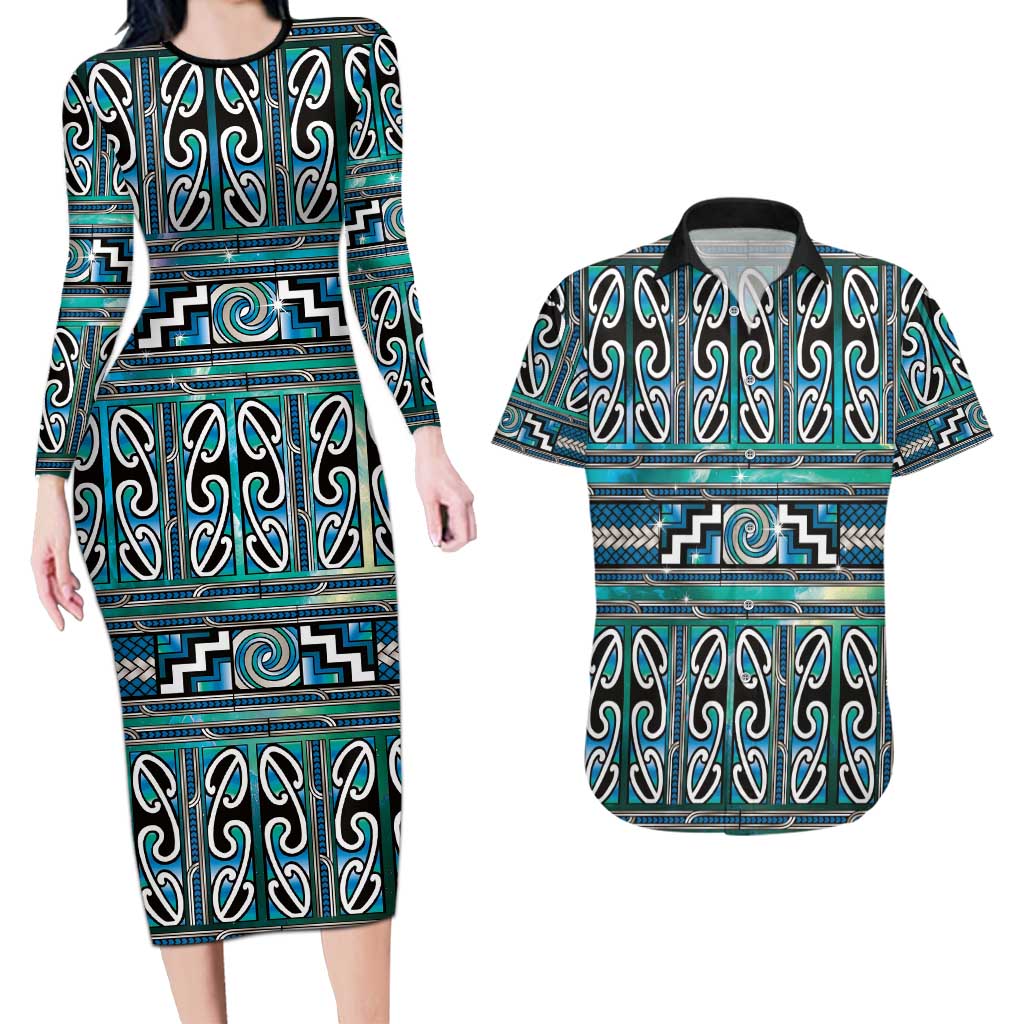 Maori Matariki Couples Matching Long Sleeve Bodycon Dress and Hawaiian Shirt Green Galaxy Aesthetic Koru Art