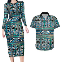Maori Matariki Couples Matching Long Sleeve Bodycon Dress and Hawaiian Shirt Green Galaxy Aesthetic Koru Art