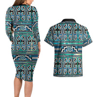 Maori Matariki Couples Matching Long Sleeve Bodycon Dress and Hawaiian Shirt Green Galaxy Aesthetic Koru Art