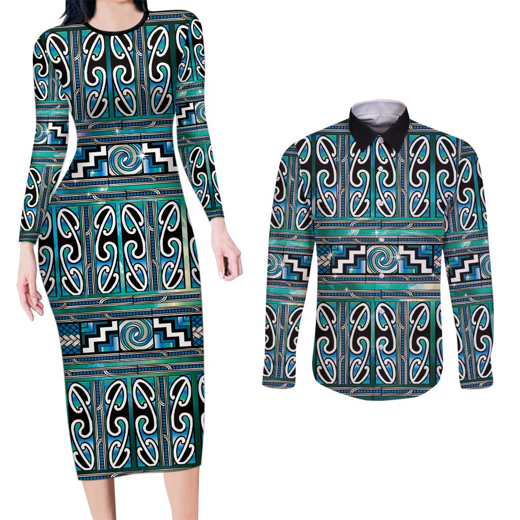 Maori Matariki Couples Matching Long Sleeve Bodycon Dress and Long Sleeve Button Shirt Green Galaxy Aesthetic Koru Art
