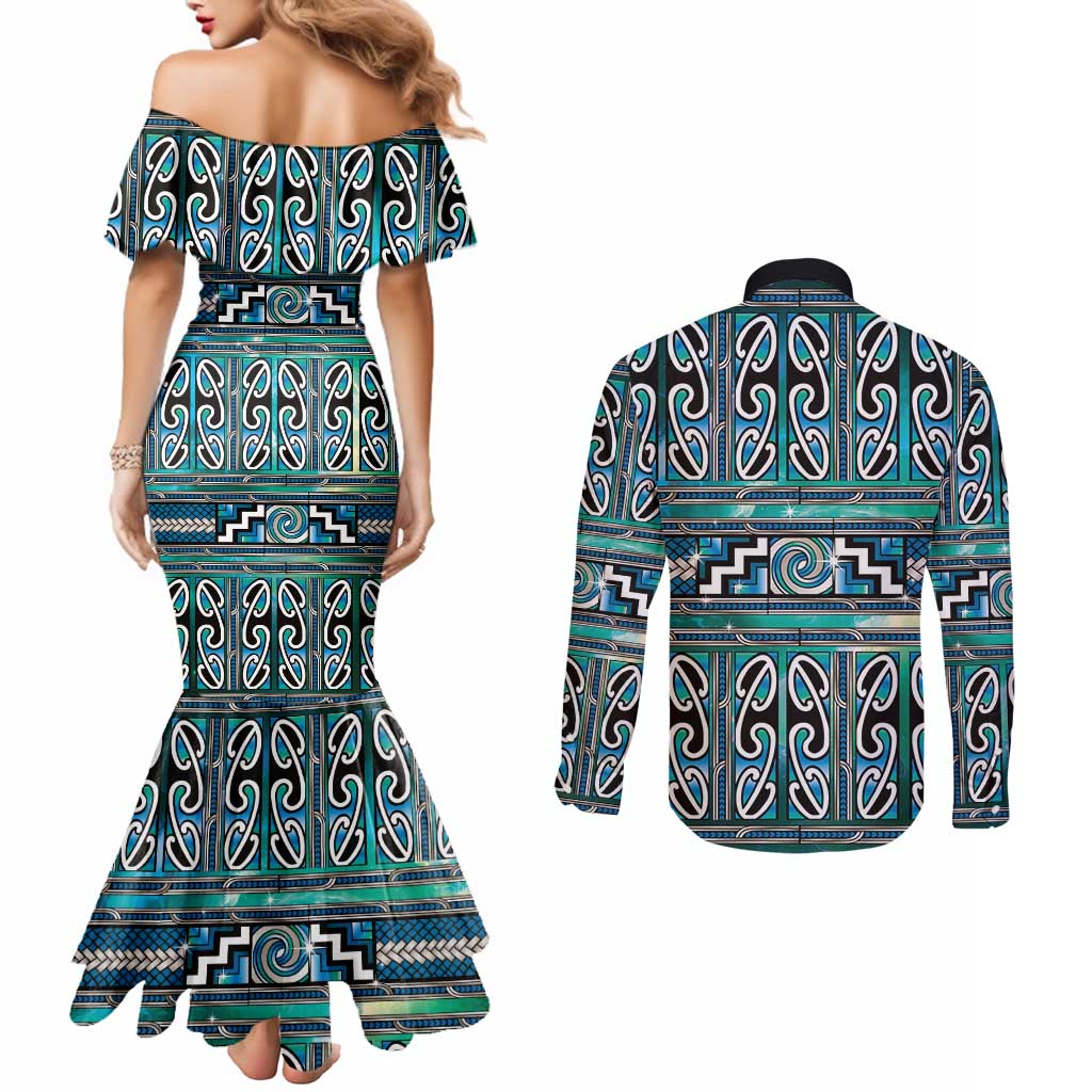Maori Matariki Couples Matching Mermaid Dress and Long Sleeve Button Shirt Green Galaxy Aesthetic Koru Art