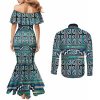 Maori Matariki Couples Matching Mermaid Dress and Long Sleeve Button Shirt Green Galaxy Aesthetic Koru Art