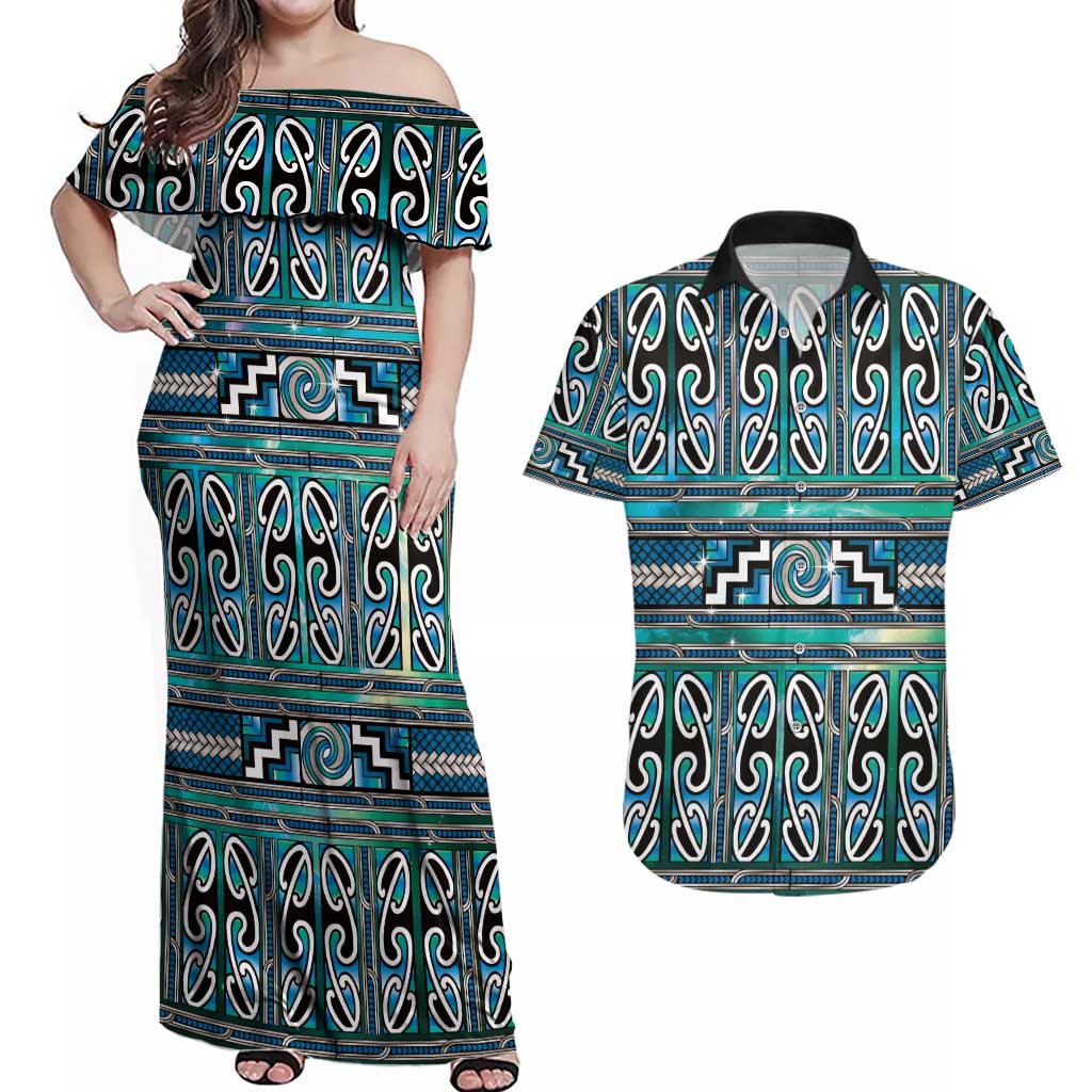 Maori Matariki Couples Matching Off Shoulder Maxi Dress and Hawaiian Shirt Green Galaxy Aesthetic Koru Art