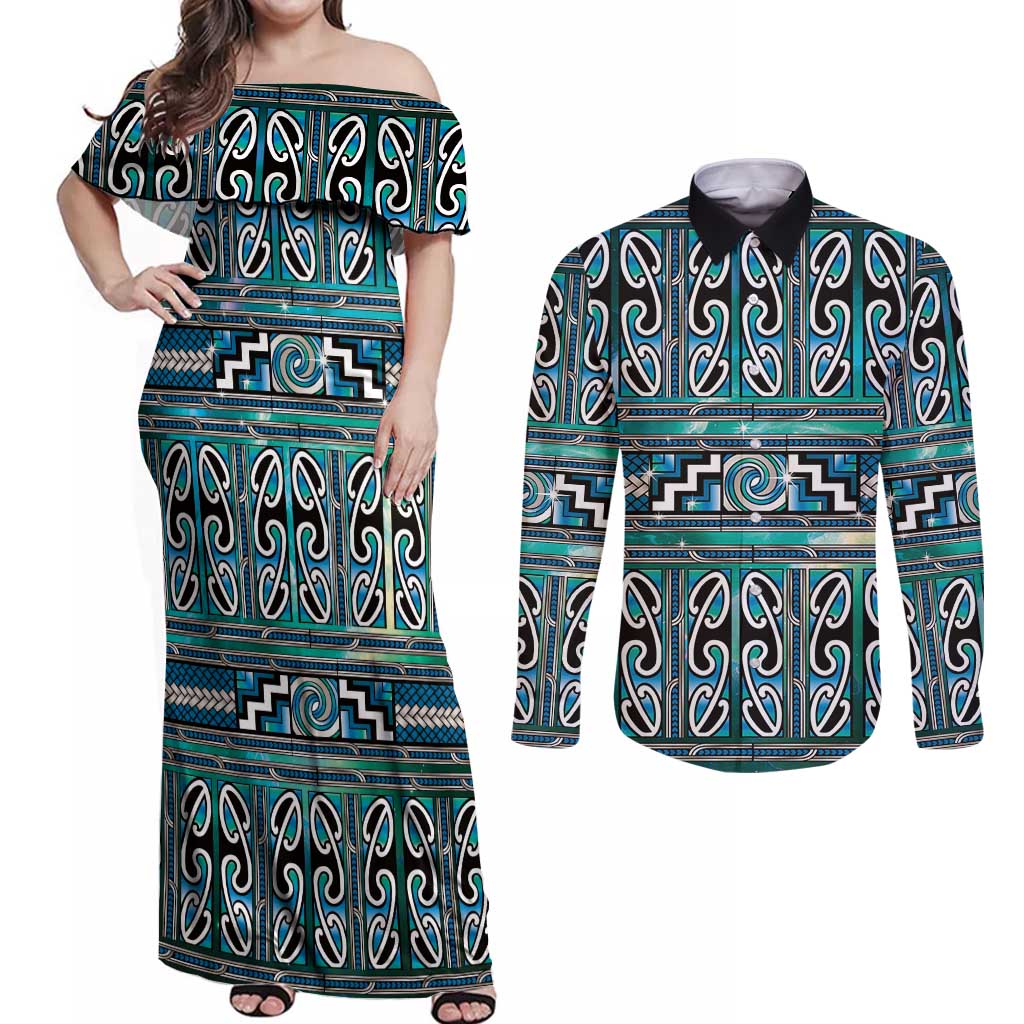 Maori Matariki Couples Matching Off Shoulder Maxi Dress and Long Sleeve Button Shirt Green Galaxy Aesthetic Koru Art