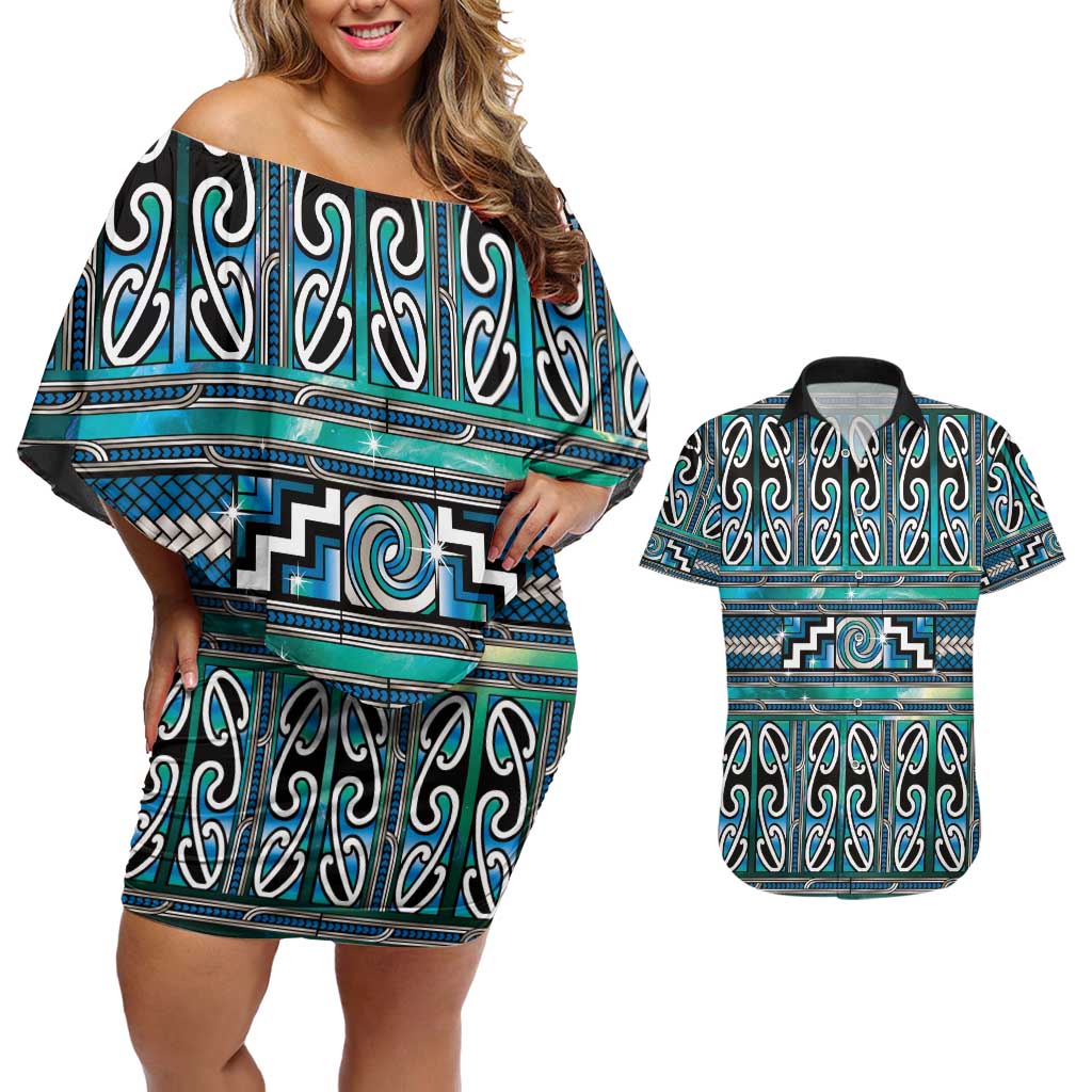 Maori Matariki Couples Matching Off Shoulder Short Dress and Hawaiian Shirt Green Galaxy Aesthetic Koru Art