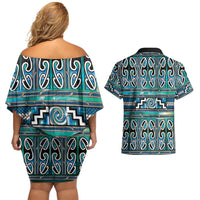 Maori Matariki Couples Matching Off Shoulder Short Dress and Hawaiian Shirt Green Galaxy Aesthetic Koru Art