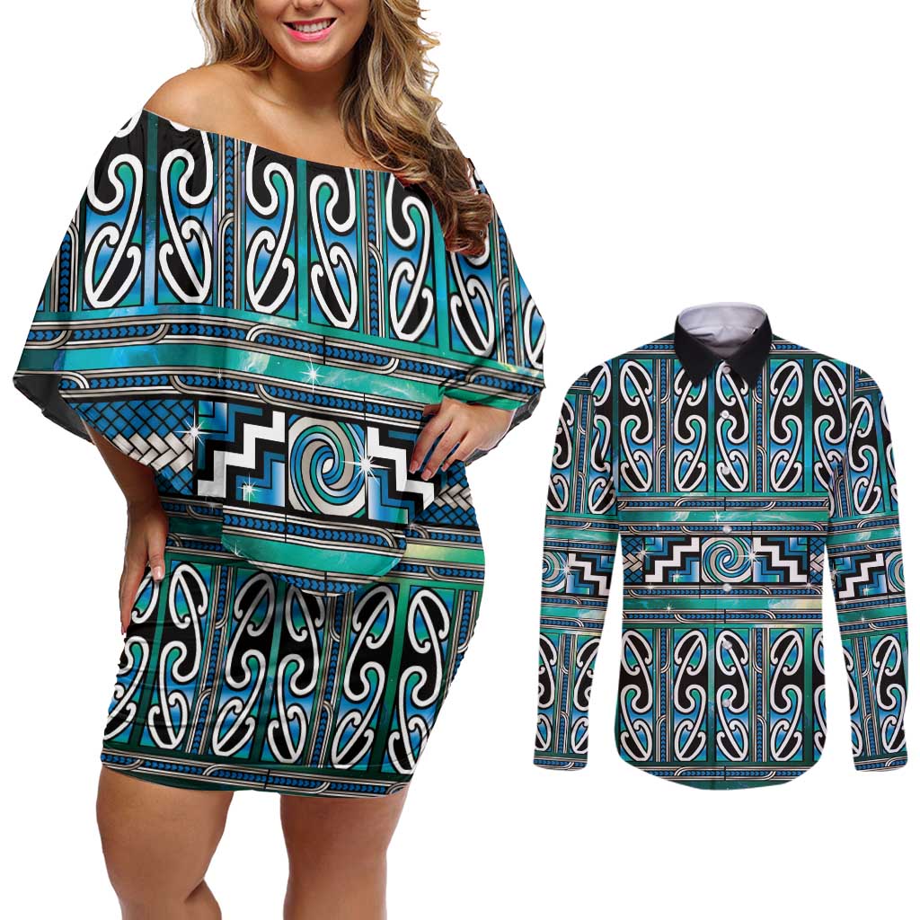 Maori Matariki Couples Matching Off Shoulder Short Dress and Long Sleeve Button Shirt Green Galaxy Aesthetic Koru Art