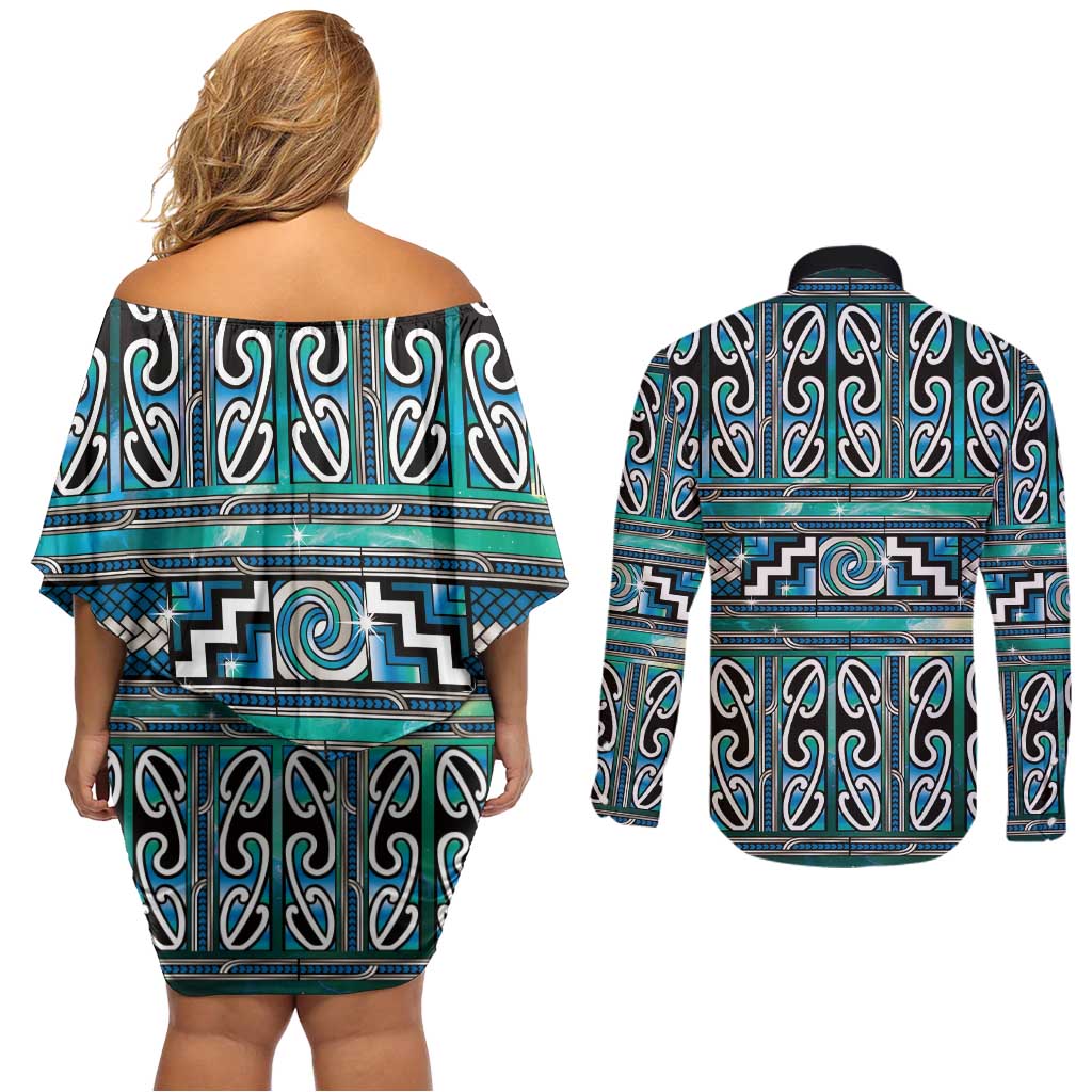 Maori Matariki Couples Matching Off Shoulder Short Dress and Long Sleeve Button Shirt Green Galaxy Aesthetic Koru Art