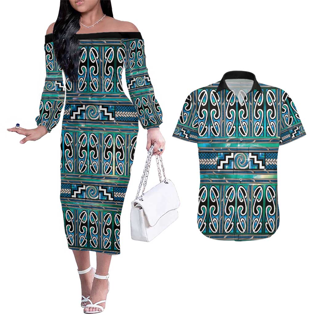 Maori Matariki Couples Matching Off The Shoulder Long Sleeve Dress and Hawaiian Shirt Green Galaxy Aesthetic Koru Art