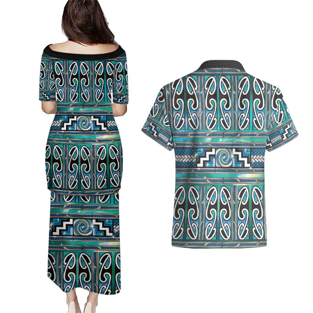 Maori Matariki Couples Matching Puletasi and Hawaiian Shirt Green Galaxy Aesthetic Koru Art