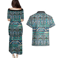 Maori Matariki Couples Matching Puletasi and Hawaiian Shirt Green Galaxy Aesthetic Koru Art