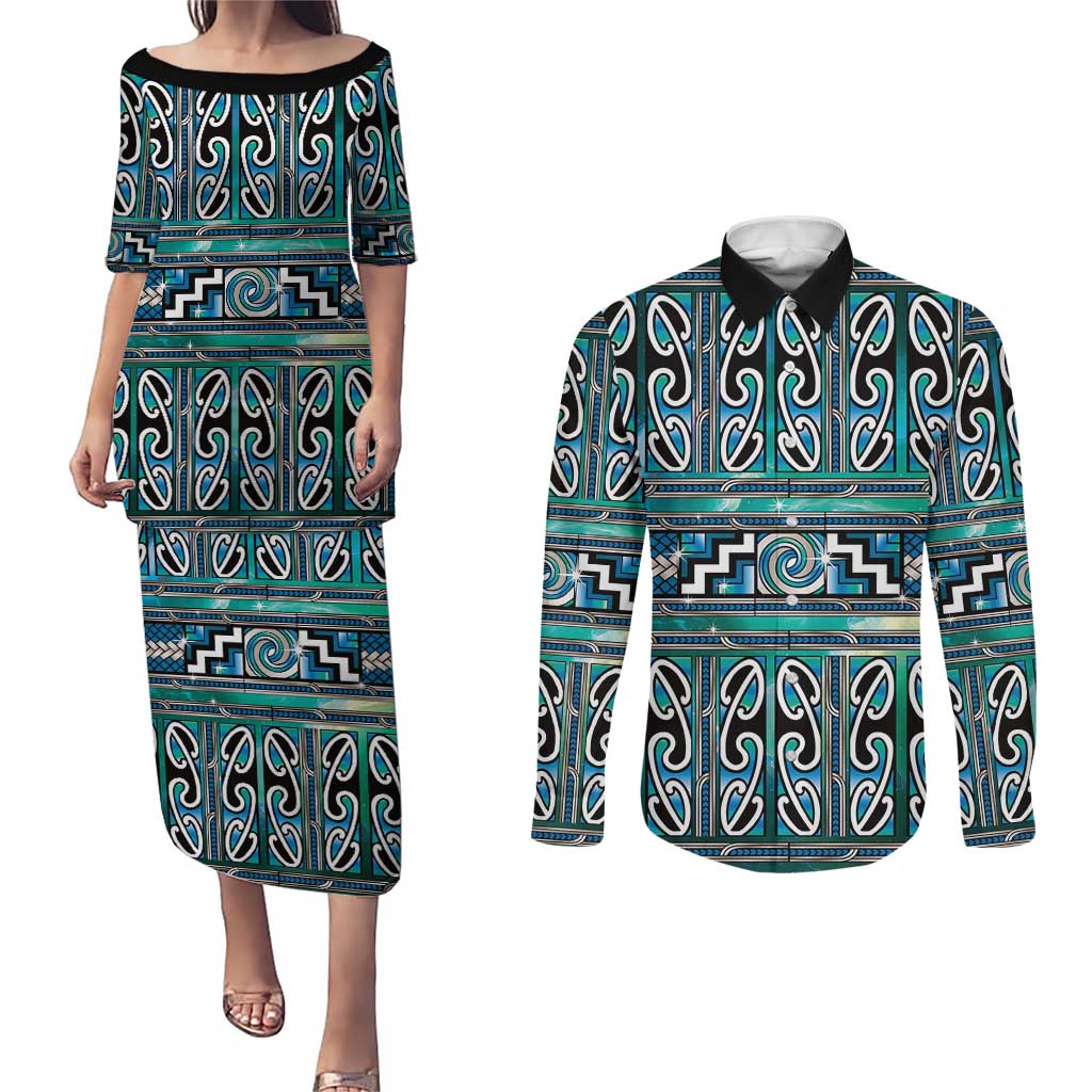 Maori Matariki Couples Matching Puletasi and Long Sleeve Button Shirt Green Galaxy Aesthetic Koru Art