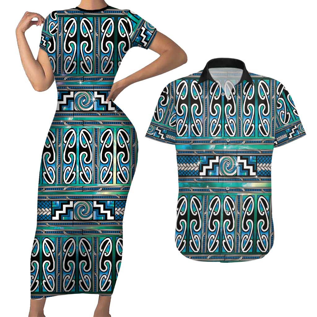 Maori Matariki Couples Matching Short Sleeve Bodycon Dress and Hawaiian Shirt Green Galaxy Aesthetic Koru Art