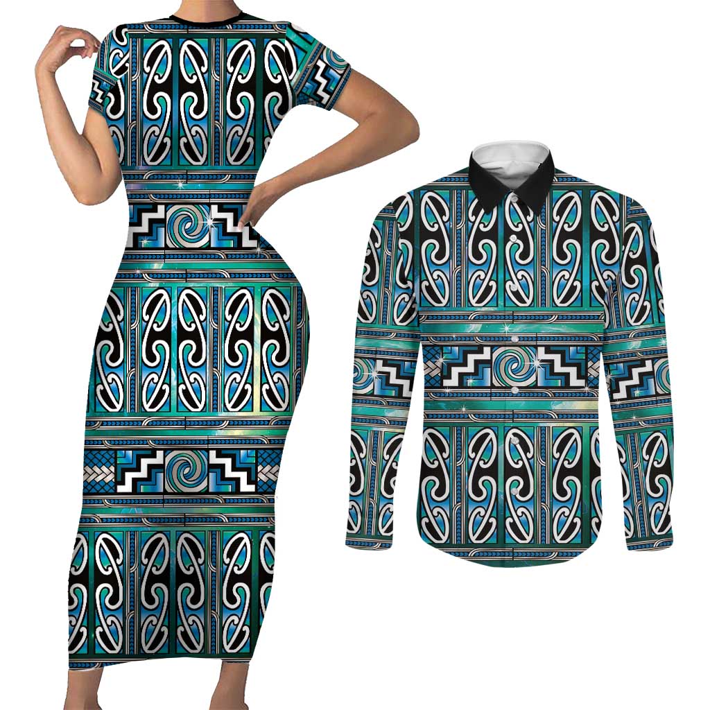 Maori Matariki Couples Matching Short Sleeve Bodycon Dress and Long Sleeve Button Shirt Green Galaxy Aesthetic Koru Art