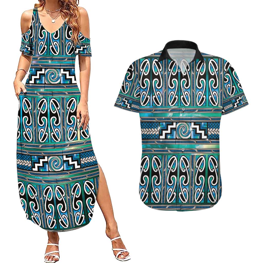 Maori Matariki Couples Matching Summer Maxi Dress and Hawaiian Shirt Green Galaxy Aesthetic Koru Art