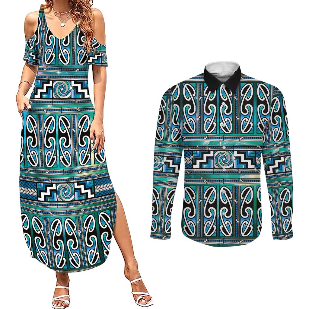 Maori Matariki Couples Matching Summer Maxi Dress and Long Sleeve Button Shirt Green Galaxy Aesthetic Koru Art