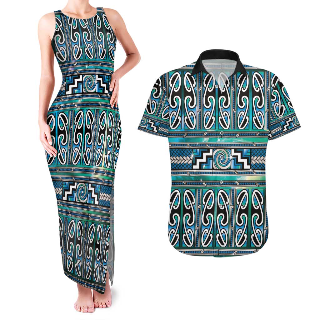 Maori Matariki Couples Matching Tank Maxi Dress and Hawaiian Shirt Green Galaxy Aesthetic Koru Art